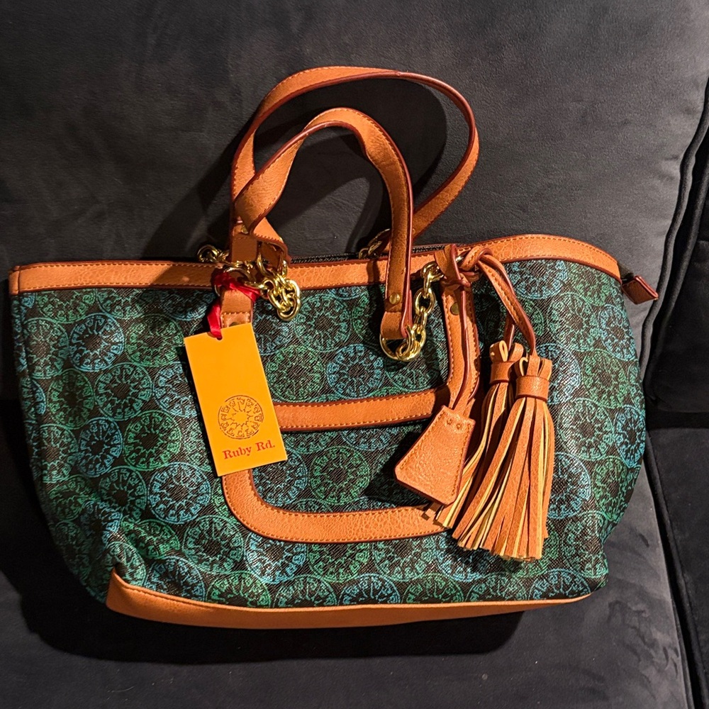 NWT Ruby Rd. Teal Pattern Tote with Tan Trim and Tassel